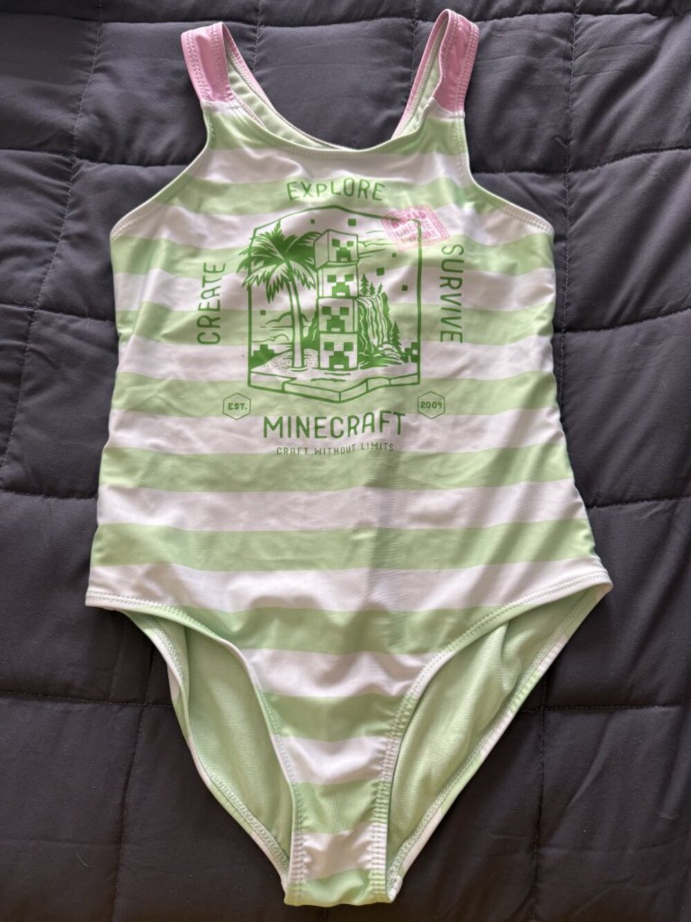 Minecraft Swimsuit Girls Size 10/12 Green Stripe One Piece Swim Tank Top NWOT